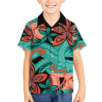 Plumeria Polynesian Pattern Family Matching Long Sleeve Bodycon Dress and Hawaiian Shirt Unique Fantasy Teal Orange LT01 Son's Shirt Teal - Polynesian Pride