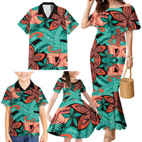 Plumeria Polynesian Pattern Family Matching Mermaid Dress and Hawaiian Shirt Unique Fantasy Teal Orange LT01 - Polynesian Pride