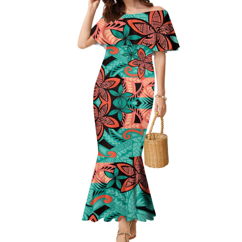 Plumeria Polynesian Pattern Family Matching Mermaid Dress and Hawaiian Shirt Unique Fantasy Teal Orange LT01 Mom's Dress Teal - Polynesian Pride