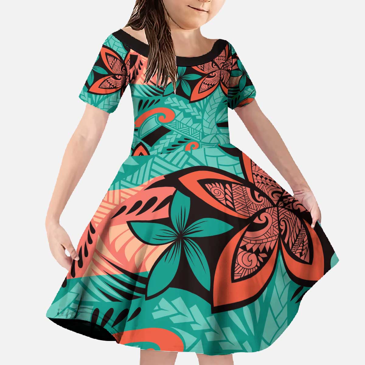 Plumeria Polynesian Pattern Family Matching Off The Shoulder Long Sleeve Dress and Hawaiian Shirt Unique Fantasy Teal Orange LT01 Daughter's Dress Teal - Polynesian Pride