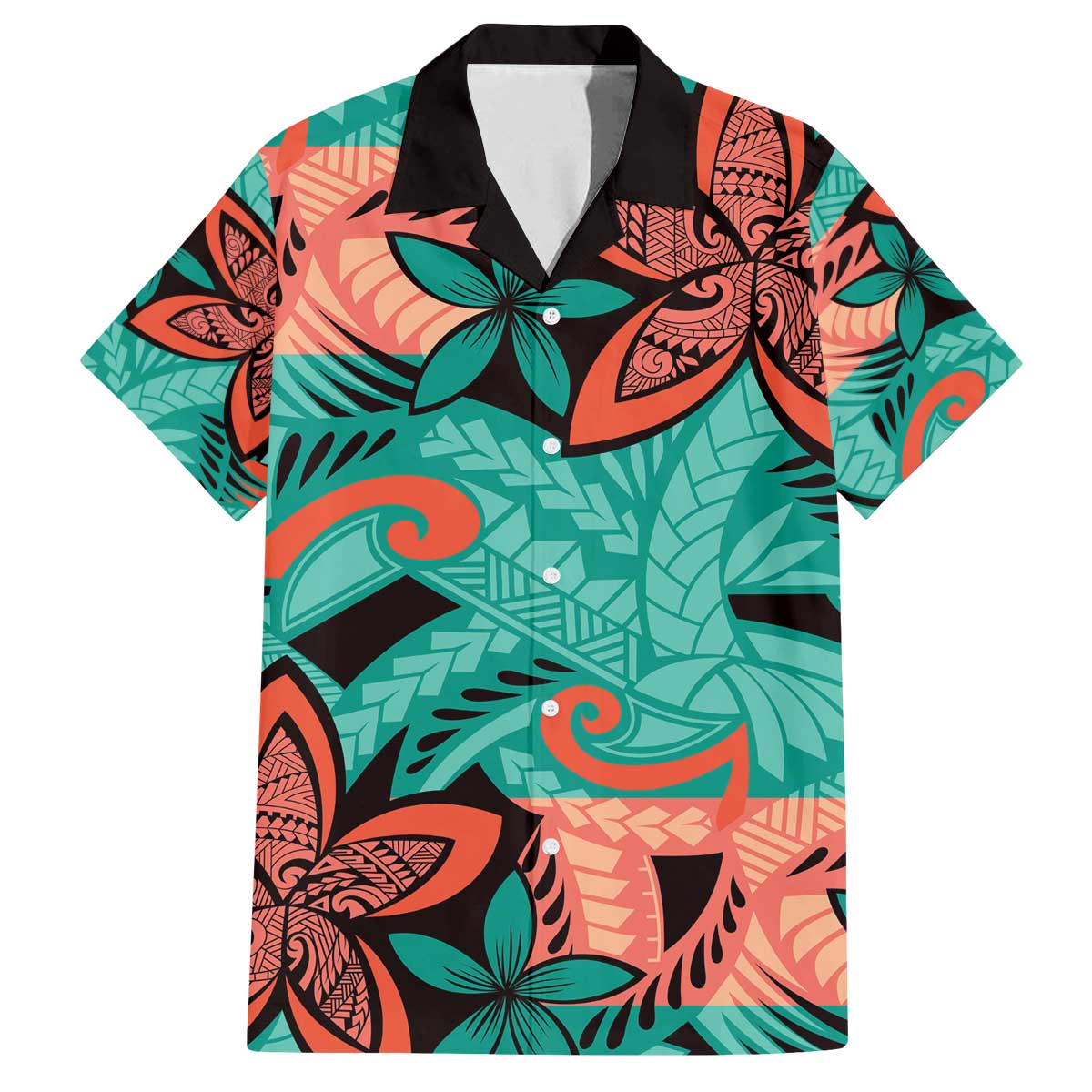Plumeria Polynesian Pattern Family Matching Off The Shoulder Long Sleeve Dress and Hawaiian Shirt Unique Fantasy Teal Orange LT01 Dad's Shirt - Short Sleeve Teal - Polynesian Pride