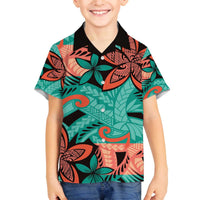 Plumeria Polynesian Pattern Family Matching Off The Shoulder Long Sleeve Dress and Hawaiian Shirt Unique Fantasy Teal Orange LT01 Son's Shirt Teal - Polynesian Pride