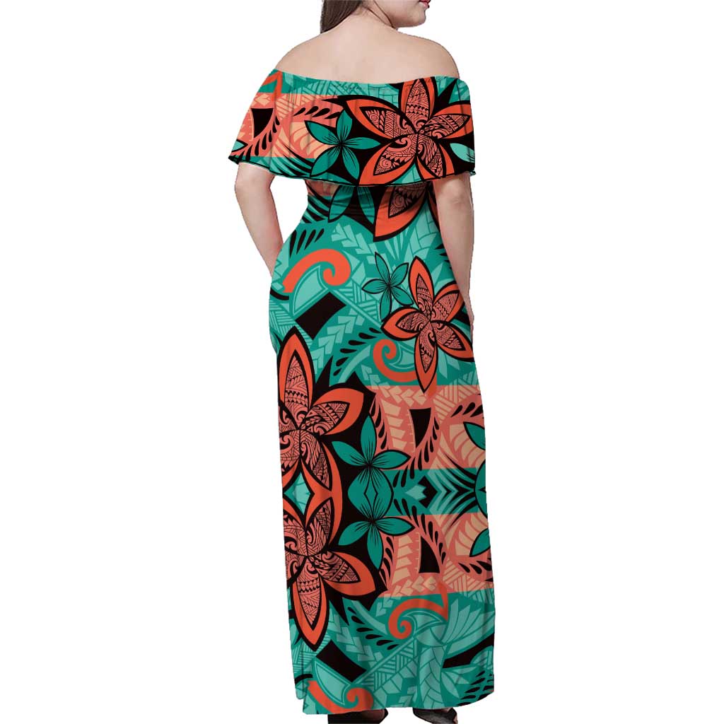 Plumeria Polynesian Pattern Family Matching Off Shoulder Maxi Dress and Hawaiian Shirt Unique Fantasy Teal Orange