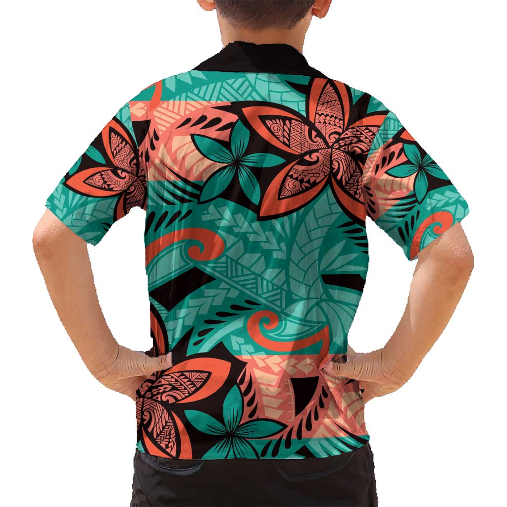Plumeria Polynesian Pattern Family Matching Off Shoulder Short Dress and Hawaiian Shirt Unique Fantasy Teal Orange