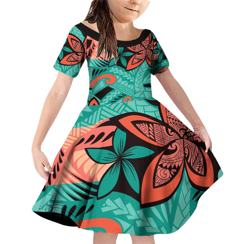 Plumeria Polynesian Pattern Family Matching Off Shoulder Short Dress and Hawaiian Shirt Unique Fantasy Teal Orange