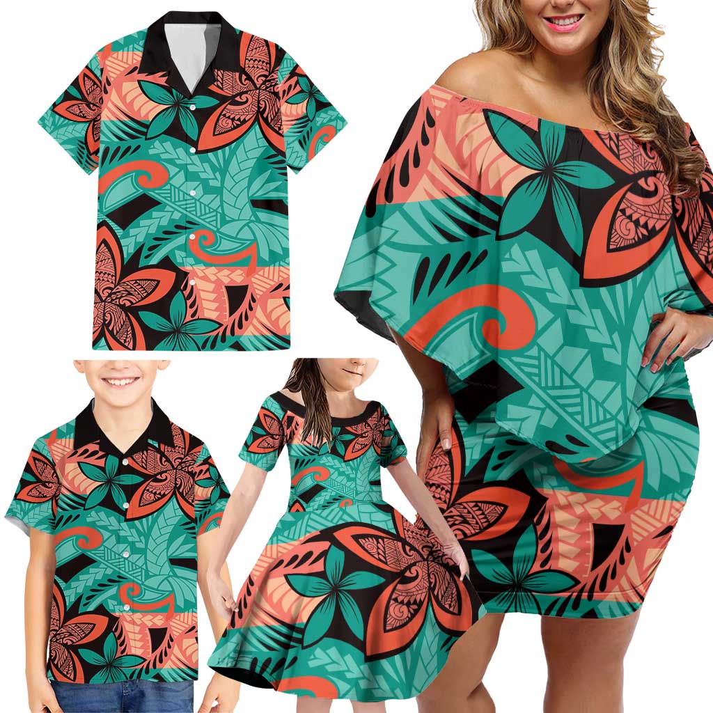 Plumeria Polynesian Pattern Family Matching Off Shoulder Short Dress and Hawaiian Shirt Unique Fantasy Teal Orange