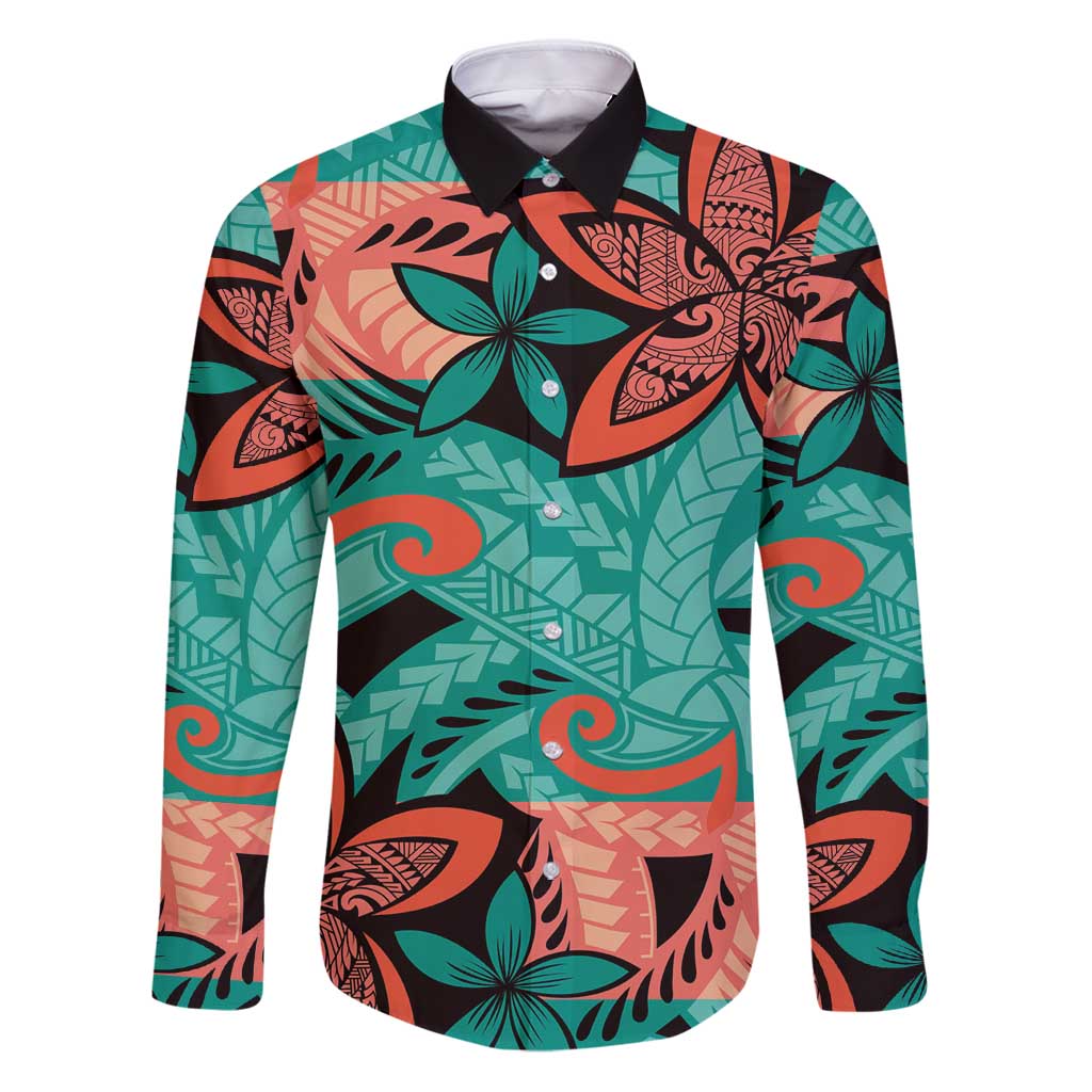 Plumeria Polynesian Pattern Family Matching Puletasi and Hawaiian Shirt Unique Fantasy Teal Orange