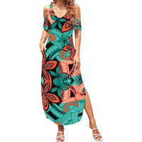 Plumeria Polynesian Pattern Family Matching Summer Maxi Dress and Hawaiian Shirt Unique Fantasy Teal Orange