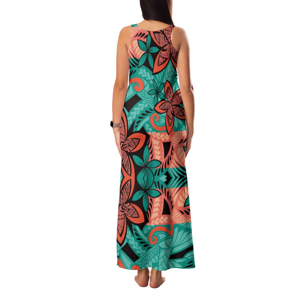 Plumeria Polynesian Pattern Family Matching Tank Maxi Dress and Hawaiian Shirt Unique Fantasy Teal Orange