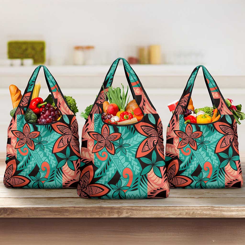 Plumeria Polynesian Pattern Grocery Bag Unique Fantasy Teal Orange