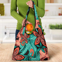 Plumeria Polynesian Pattern Grocery Bag Unique Fantasy Teal Orange