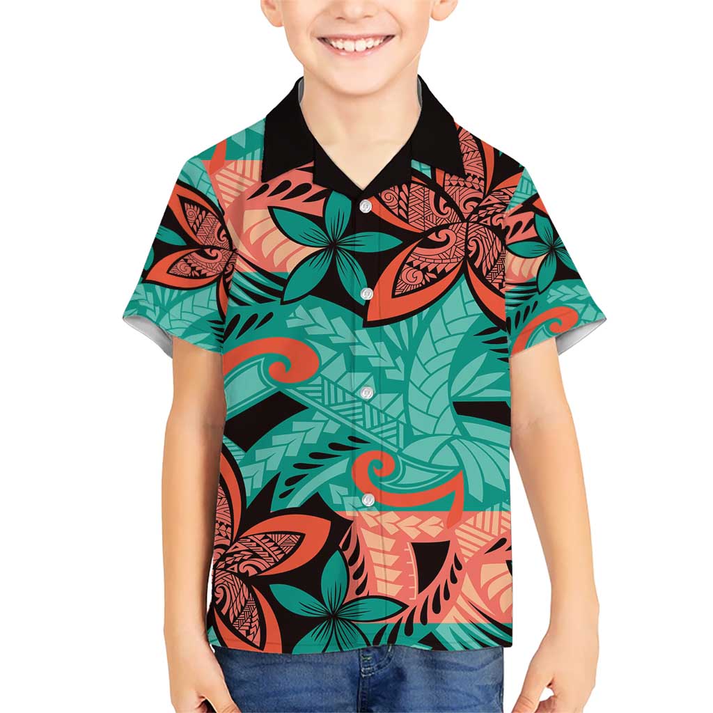 Plumeria Polynesian Pattern Kid Hawaiian Shirt Unique Fantasy Teal Orange