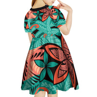 Plumeria Polynesian Pattern Kid Short Sleeve Dress Unique Fantasy Teal Orange