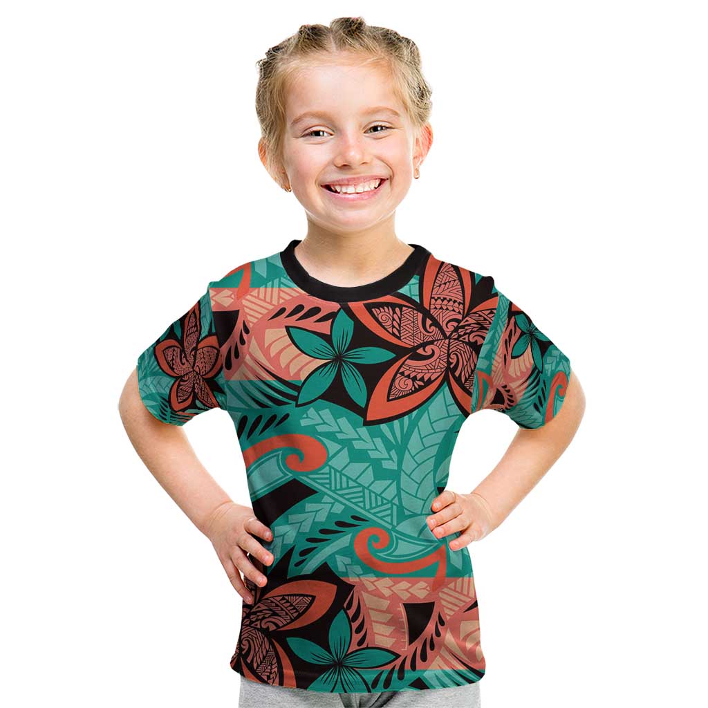 Plumeria Polynesian Pattern Kid T Shirt Unique Fantasy Teal Orange
