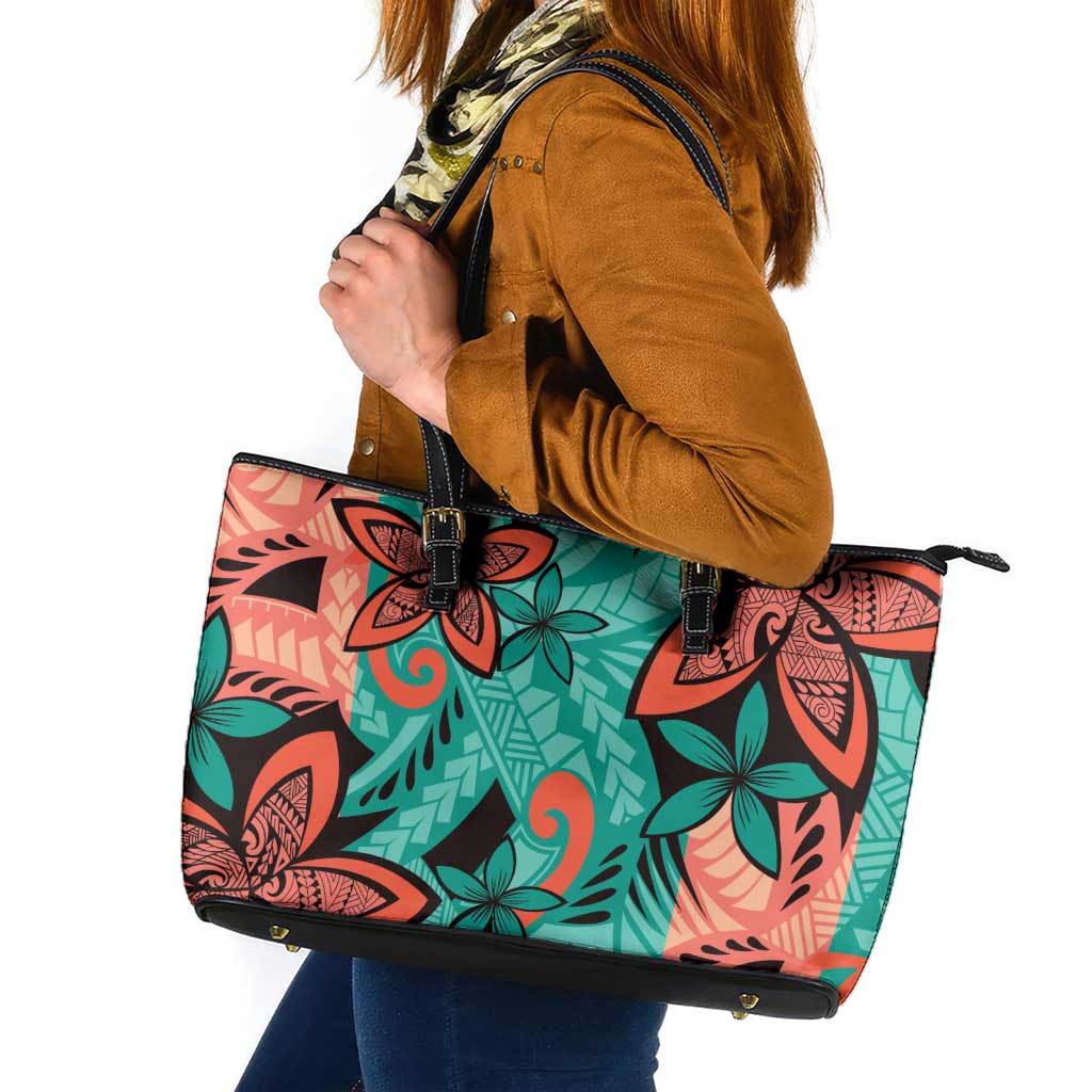 Plumeria Polynesian Pattern Leather Tote Bag Unique Fantasy Teal Orange