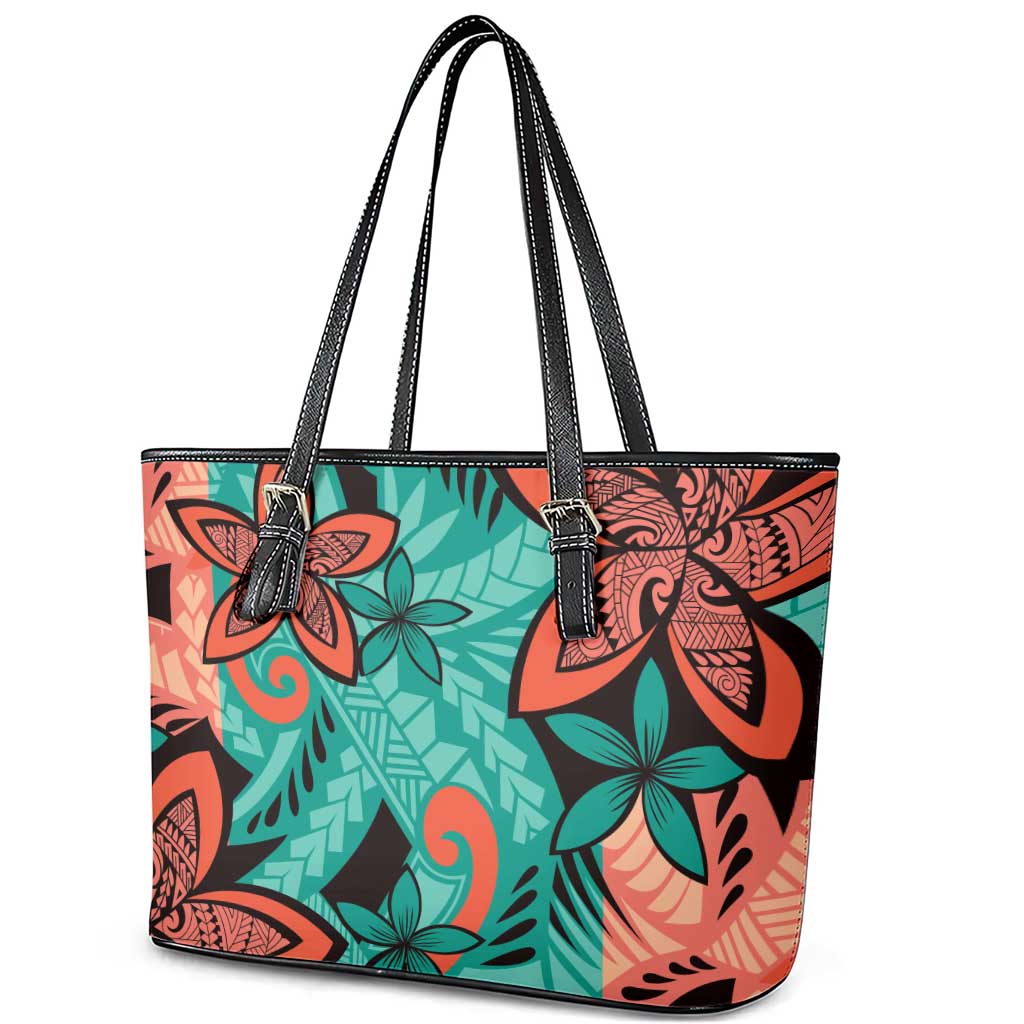 Plumeria Polynesian Pattern Leather Tote Bag Unique Fantasy Teal Orange