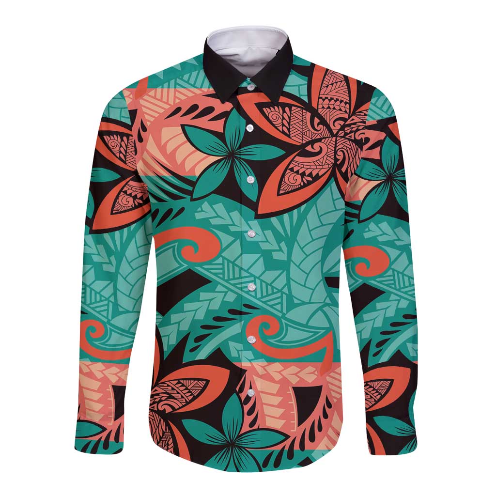 Plumeria Polynesian Pattern Long Sleeve Button Shirt Unique Fantasy Teal Orange