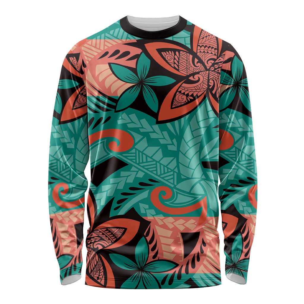 Plumeria Polynesian Pattern Long Sleeve Shirt Unique Fantasy Teal Orange
