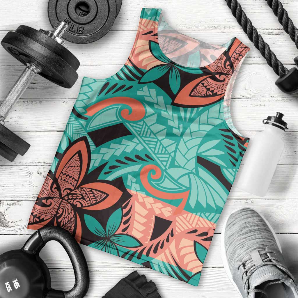 Plumeria Polynesian Pattern Men Tank Top Unique Fantasy Teal Orange