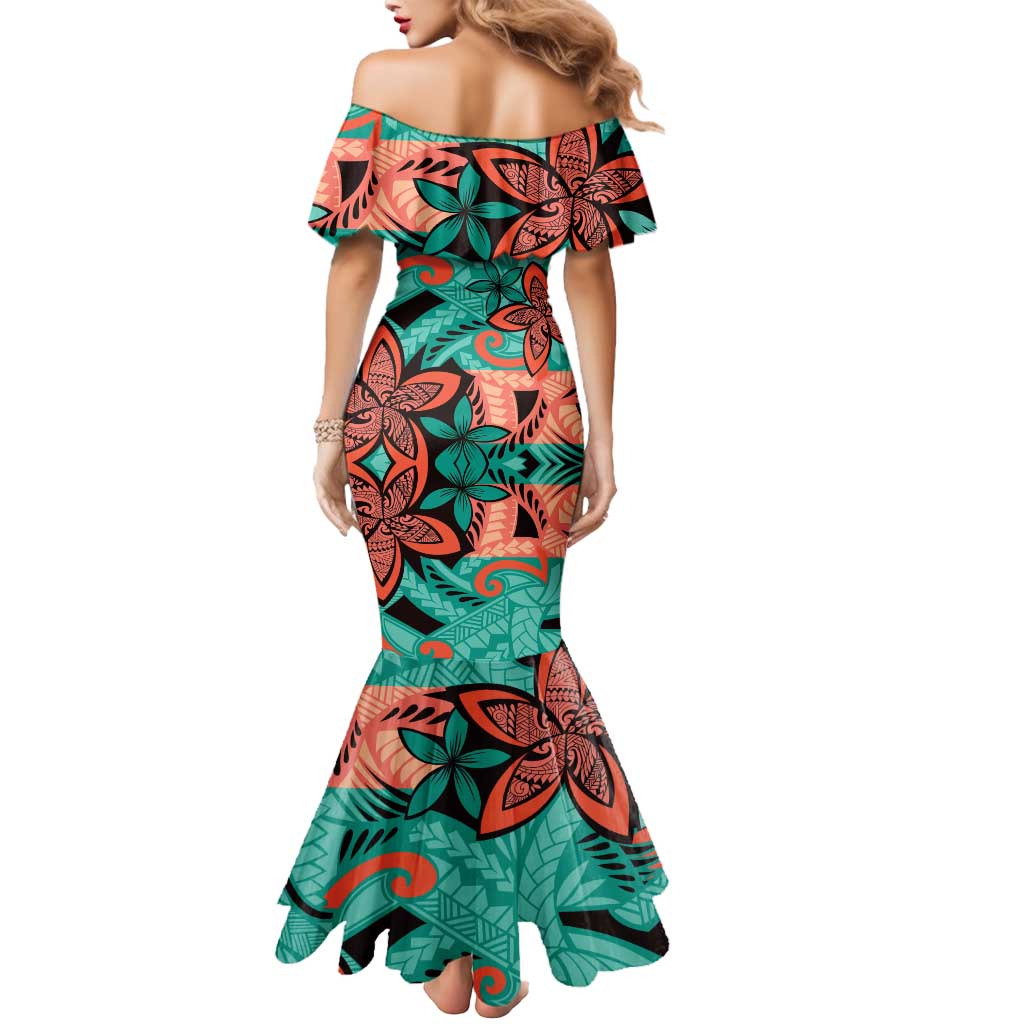 Plumeria Polynesian Pattern Mermaid Dress Unique Fantasy Teal Orange LT01 - Polynesian Pride