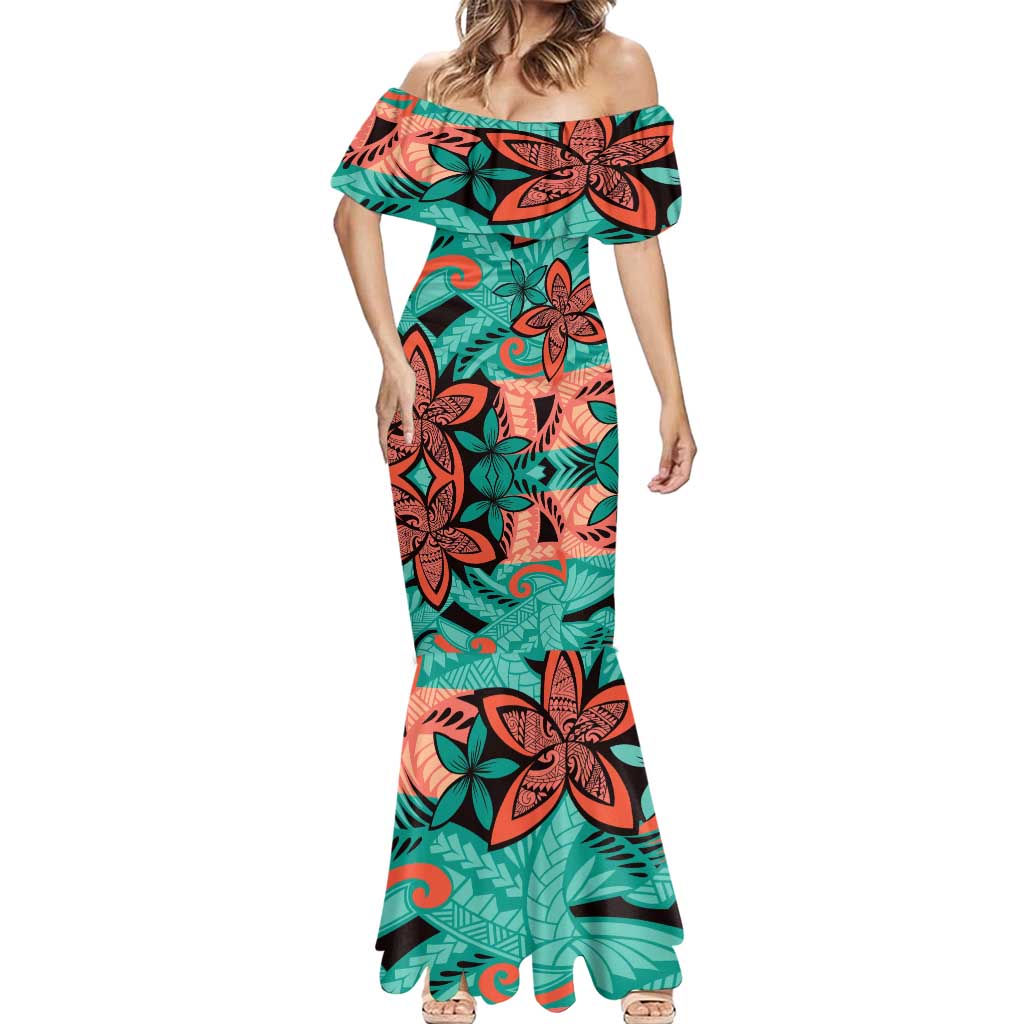 Plumeria Polynesian Pattern Mermaid Dress Unique Fantasy Teal Orange LT01 - Polynesian Pride