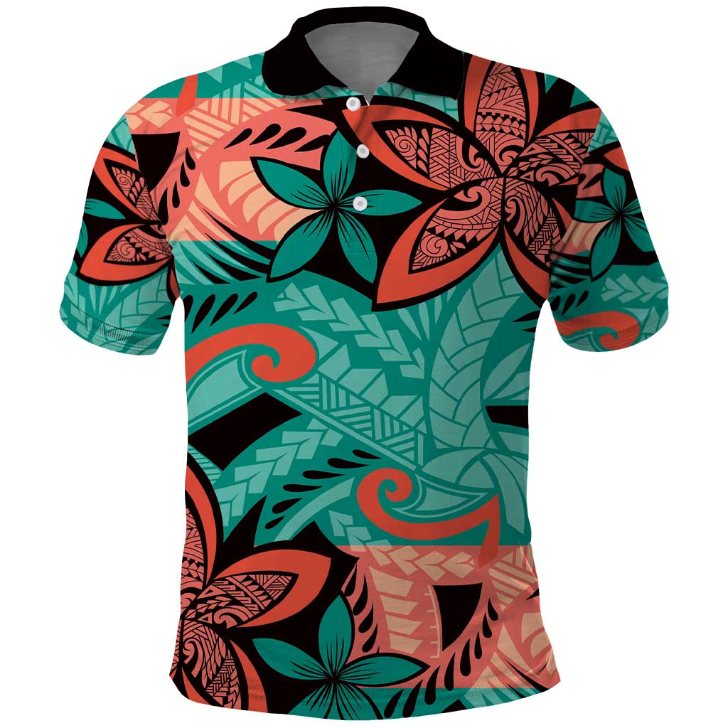 Plumeria Polynesian Pattern Polo Shirt Unique Fantasy Teal Orange