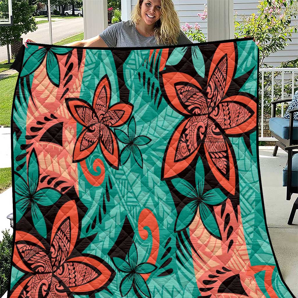 Plumeria Polynesian Pattern Quilt Unique Fantasy Teal Orange