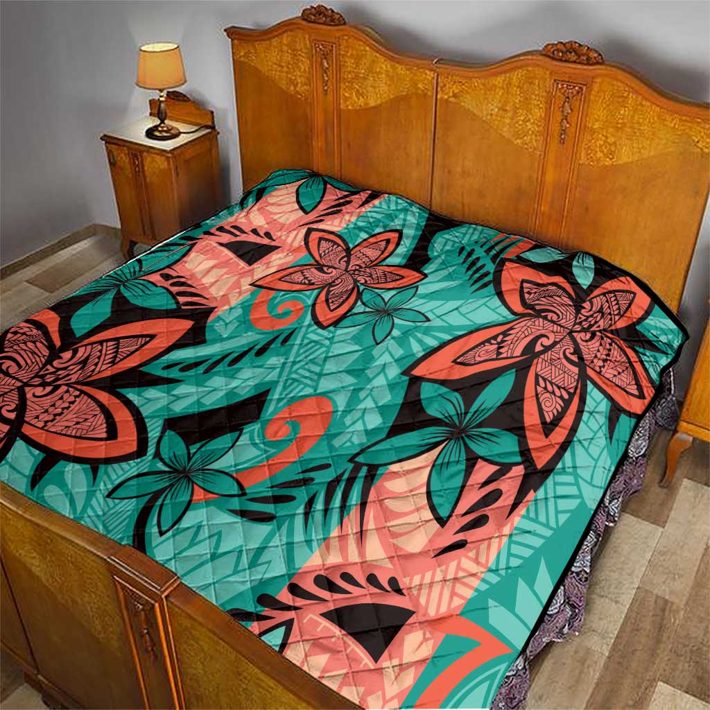 Plumeria Polynesian Pattern Quilt Unique Fantasy Teal Orange