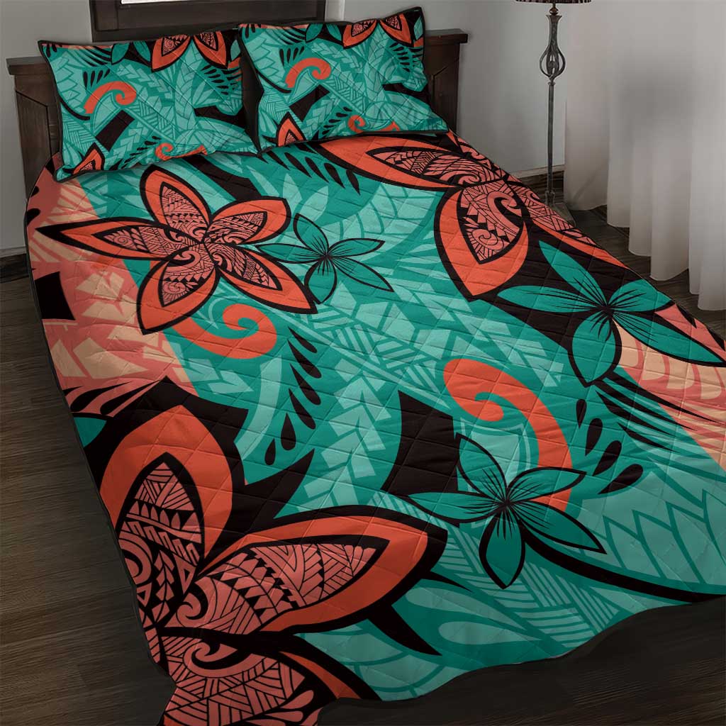 Plumeria Polynesian Pattern Quilt Bed Set Unique Fantasy Teal Orange