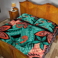 Plumeria Polynesian Pattern Quilt Bed Set Unique Fantasy Teal Orange