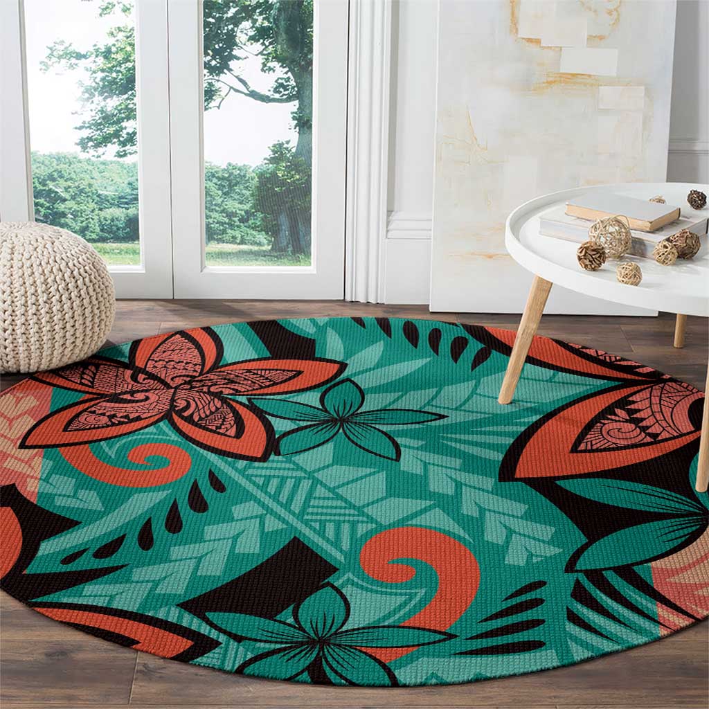 Plumeria Polynesian Pattern Round Carpet Unique Fantasy Teal Orange