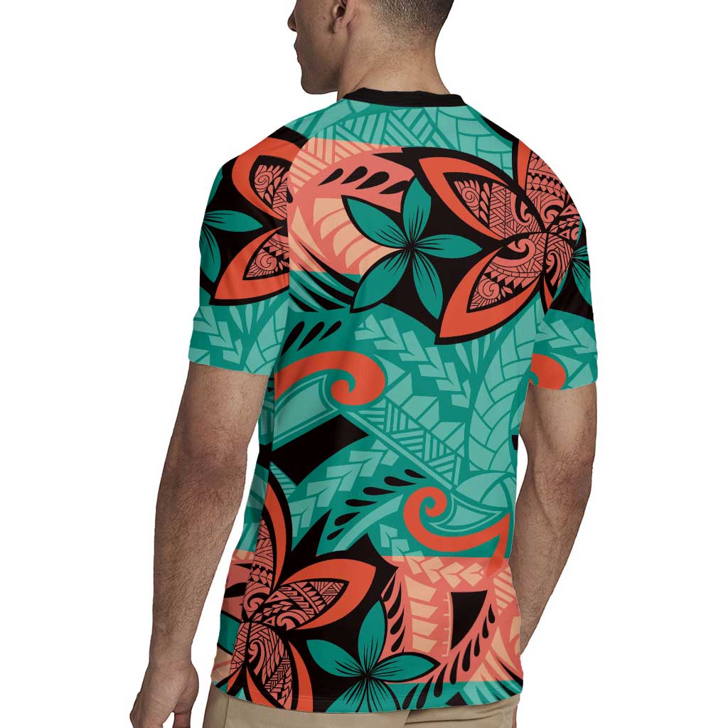 Plumeria Polynesian Pattern Rugby Jersey Unique Fantasy Teal Orange