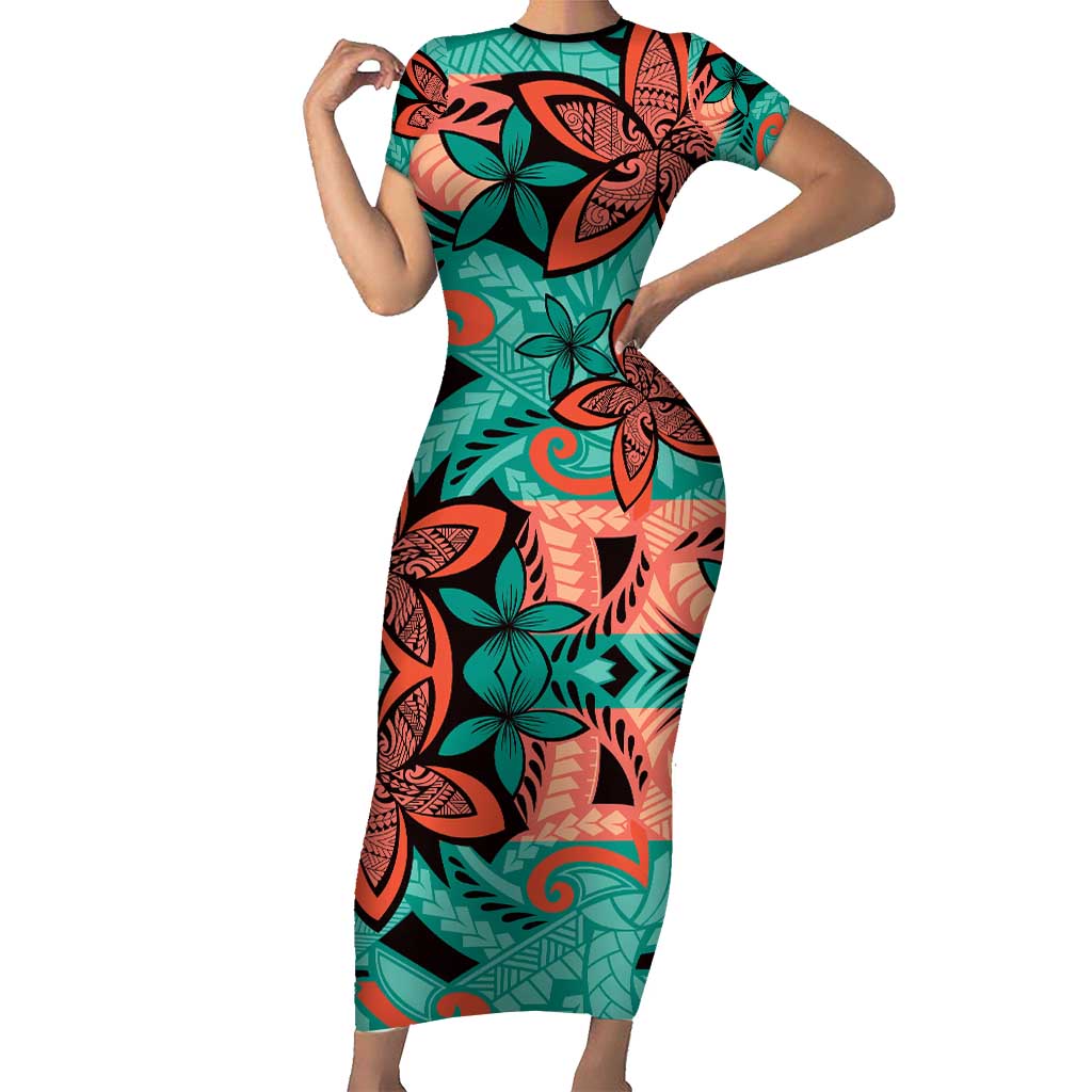 Plumeria Polynesian Pattern Short Sleeve Bodycon Dress Unique Fantasy Teal Orange