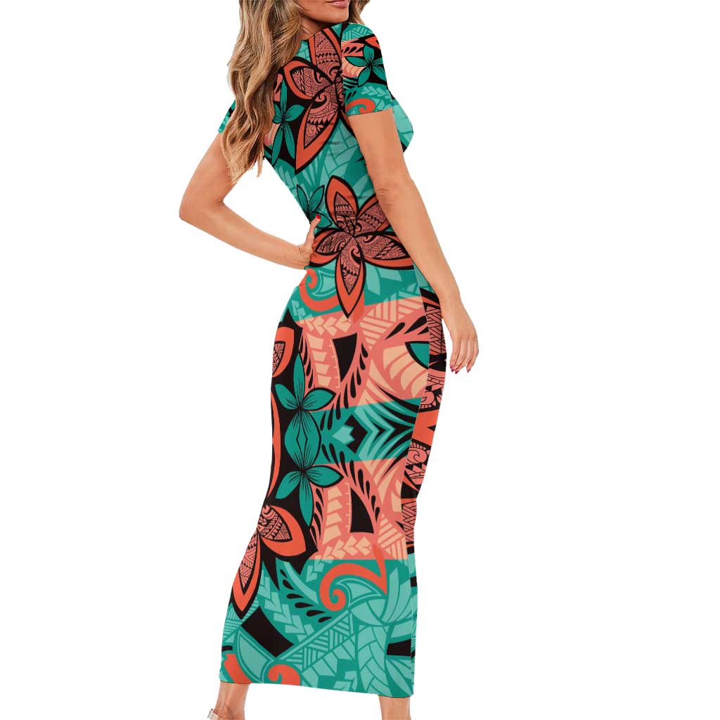 Plumeria Polynesian Pattern Short Sleeve Bodycon Dress Unique Fantasy Teal Orange LT01 - Polynesian Pride