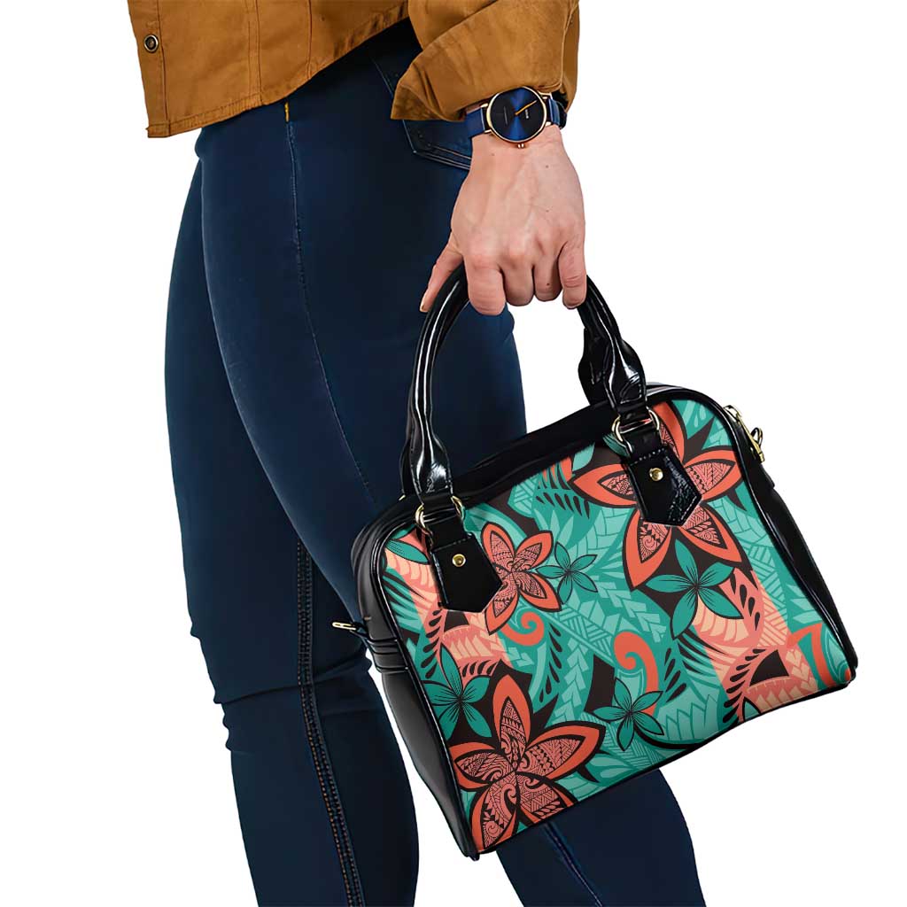 Plumeria Polynesian Pattern Shoulder Handbag Unique Fantasy Teal Orange
