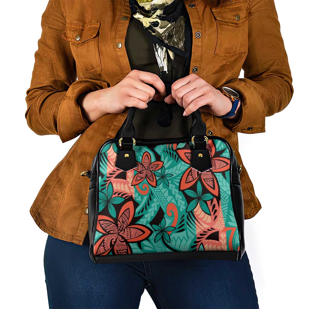 Plumeria Polynesian Pattern Shoulder Handbag Unique Fantasy Teal Orange