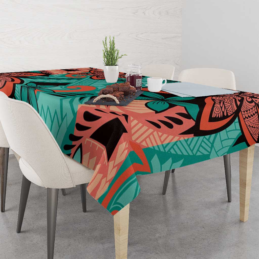 Plumeria Polynesian Pattern Tablecloth Unique Fantasy Teal Orange