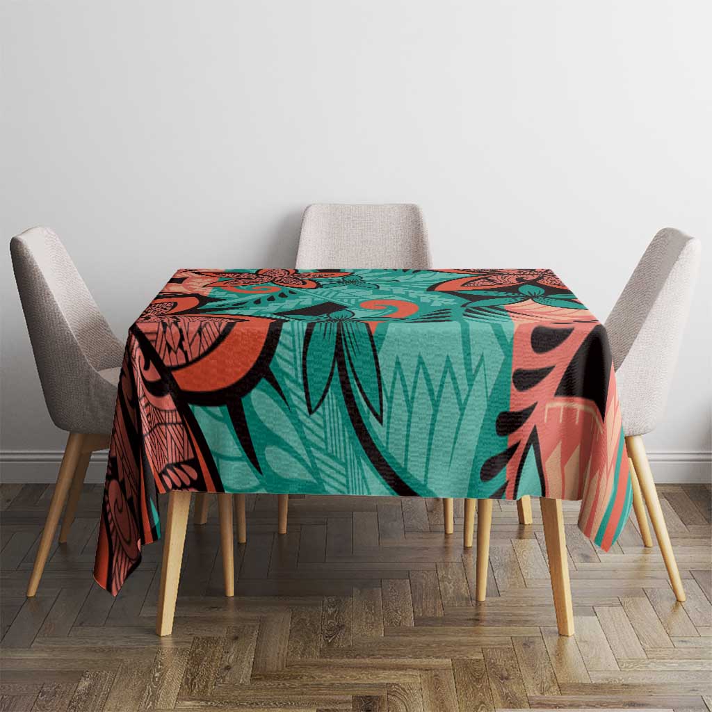 Plumeria Polynesian Pattern Tablecloth Unique Fantasy Teal Orange