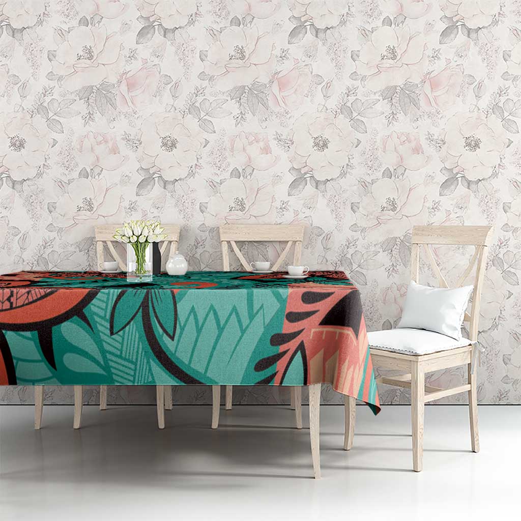 Plumeria Polynesian Pattern Tablecloth Unique Fantasy Teal Orange