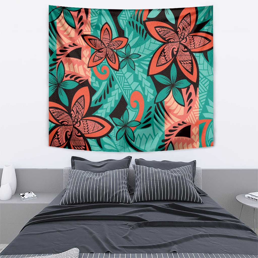 Plumeria Polynesian Pattern Tapestry Unique Fantasy Teal Orange
