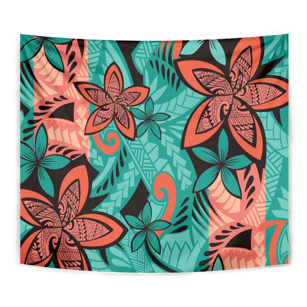 Plumeria Polynesian Pattern Tapestry Unique Fantasy Teal Orange