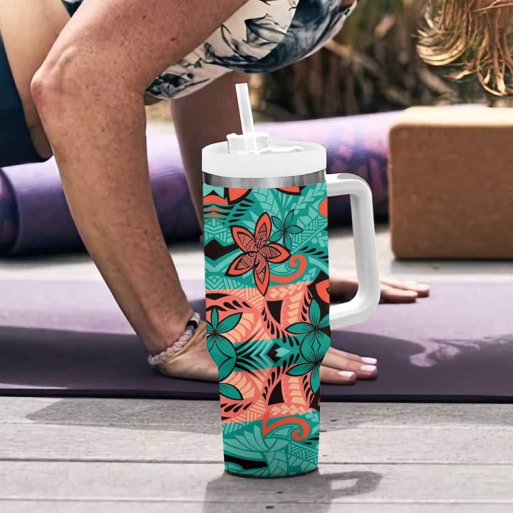 Plumeria Polynesian Pattern Tumbler With Handle Unique Fantasy Teal Orange
