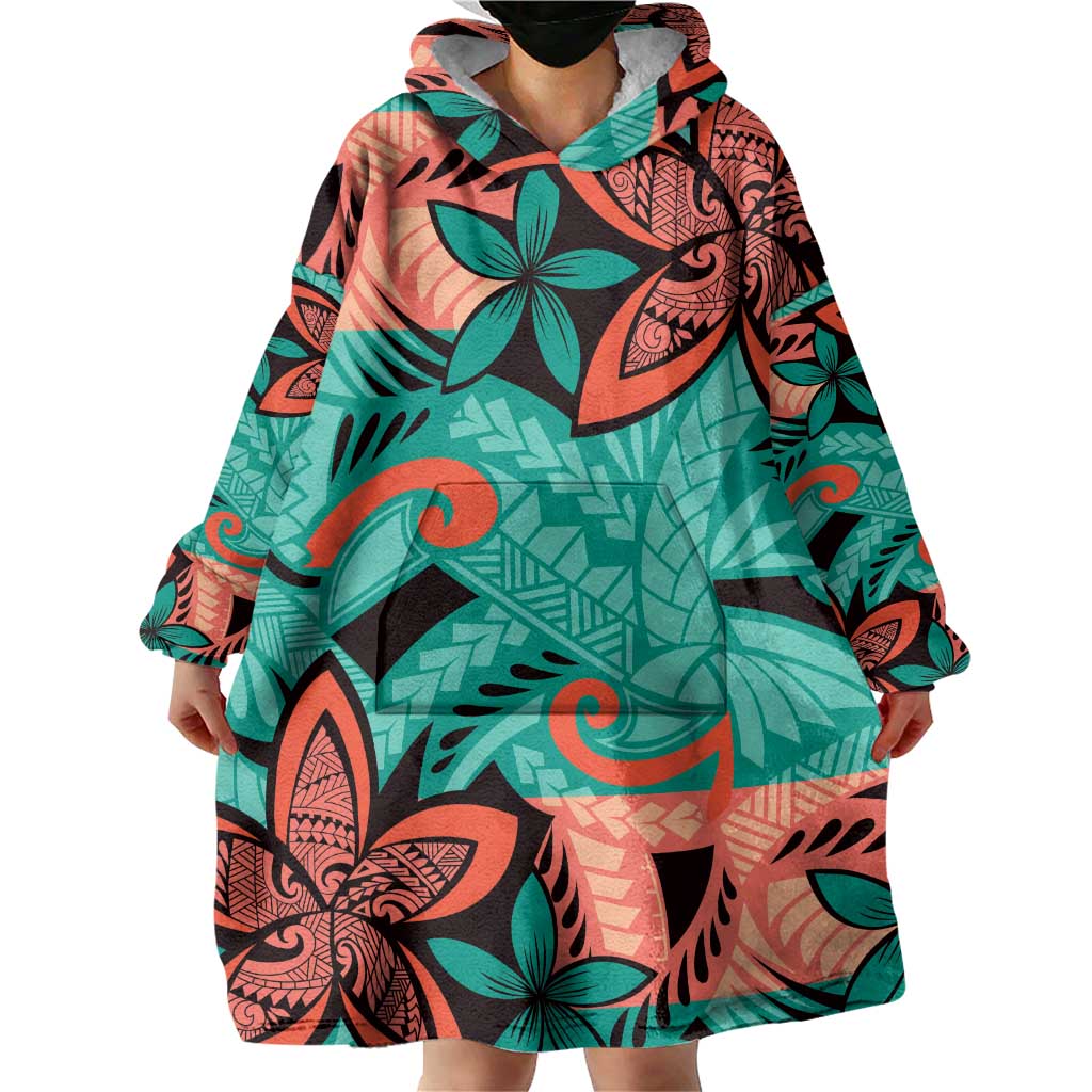 Plumeria Polynesian Pattern Wearable Blanket Hoodie Unique Fantasy Teal Orange