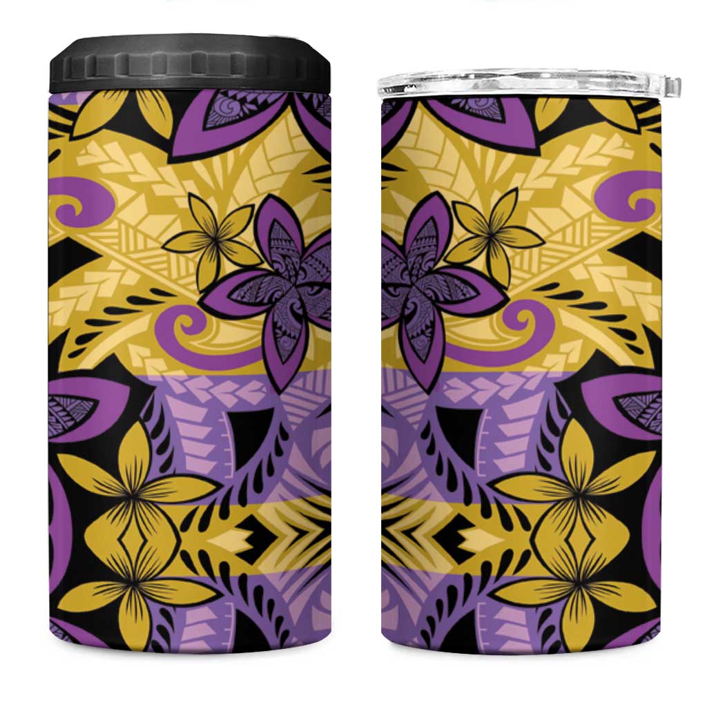 Plumeria Polynesian Pattern 4 in 1 Can Cooler Tumbler Unique Fantasy Yellow Purple