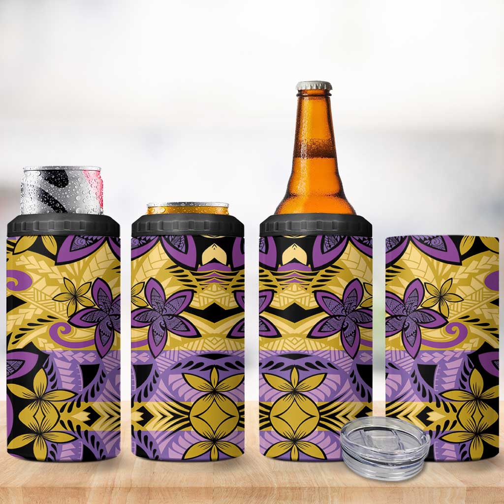Plumeria Polynesian Pattern 4 in 1 Can Cooler Tumbler Unique Fantasy Yellow Purple