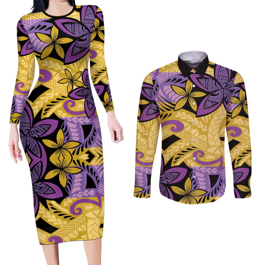 Plumeria Polynesian Pattern Couples Matching Long Sleeve Bodycon Dress and Long Sleeve Button Shirt Unique Fantasy Yellow Purple