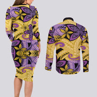 Plumeria Polynesian Pattern Couples Matching Long Sleeve Bodycon Dress and Long Sleeve Button Shirt Unique Fantasy Yellow Purple