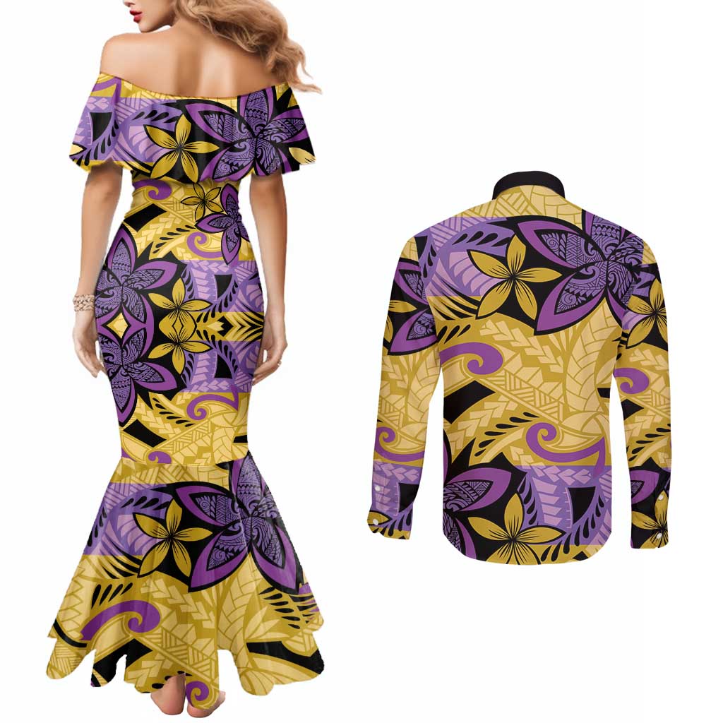 Plumeria Polynesian Pattern Couples Matching Mermaid Dress and Long Sleeve Button Shirt Unique Fantasy Yellow Purple
