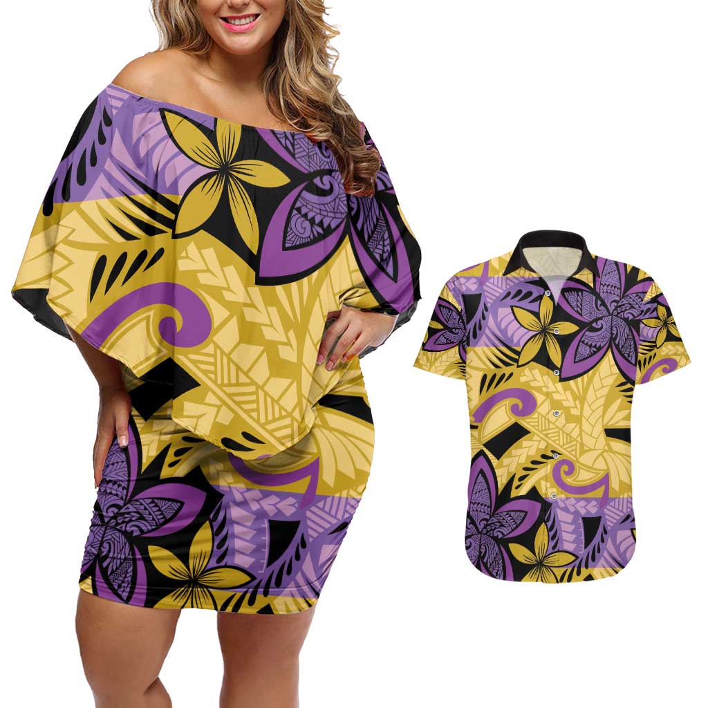 Plumeria Polynesian Pattern Couples Matching Off Shoulder Short Dress and Hawaiian Shirt Unique Fantasy Yellow Purple LT01 Yellow - Polynesian Pride