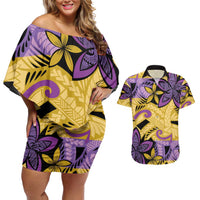 Plumeria Polynesian Pattern Couples Matching Off Shoulder Short Dress and Hawaiian Shirt Unique Fantasy Yellow Purple LT01 Yellow - Polynesian Pride